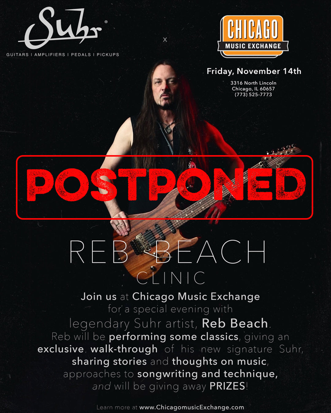 POSTPONED - Reb Beach Event Reservation, with Suhr Custom Guitars