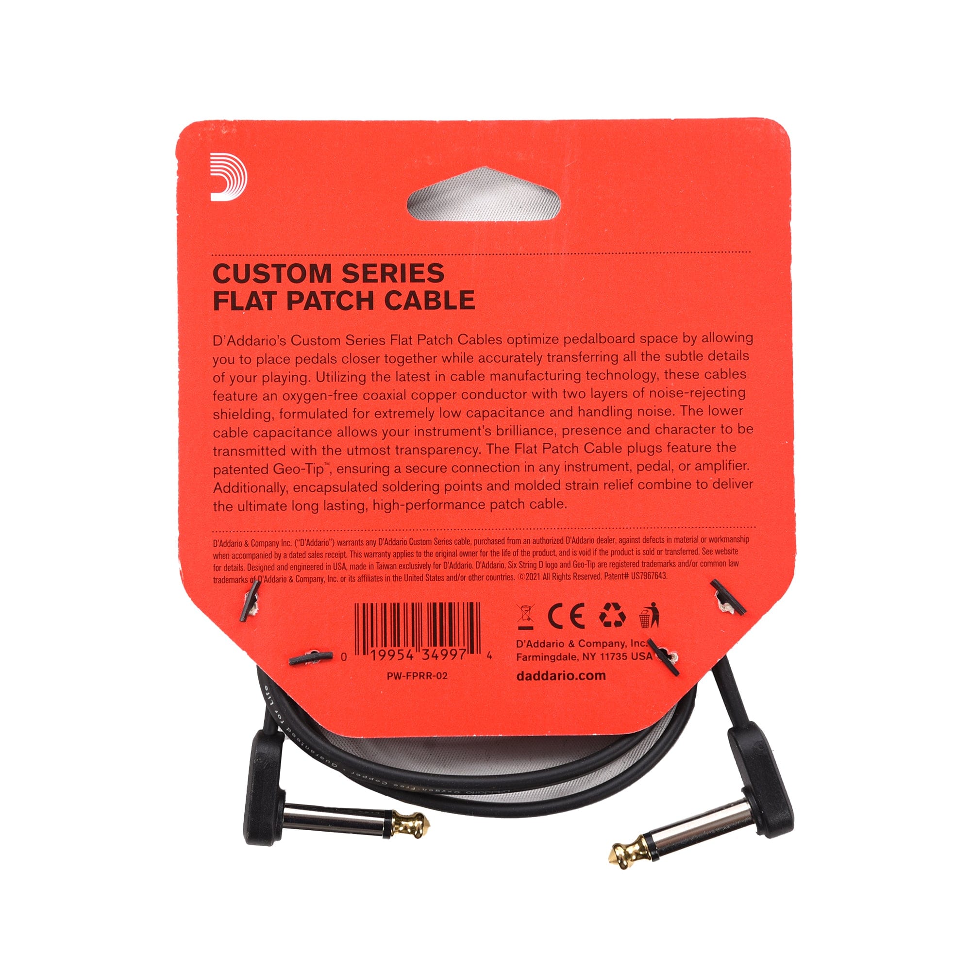D'Addario Flat Patch Cable 2' Right Angle Accessories / Cables