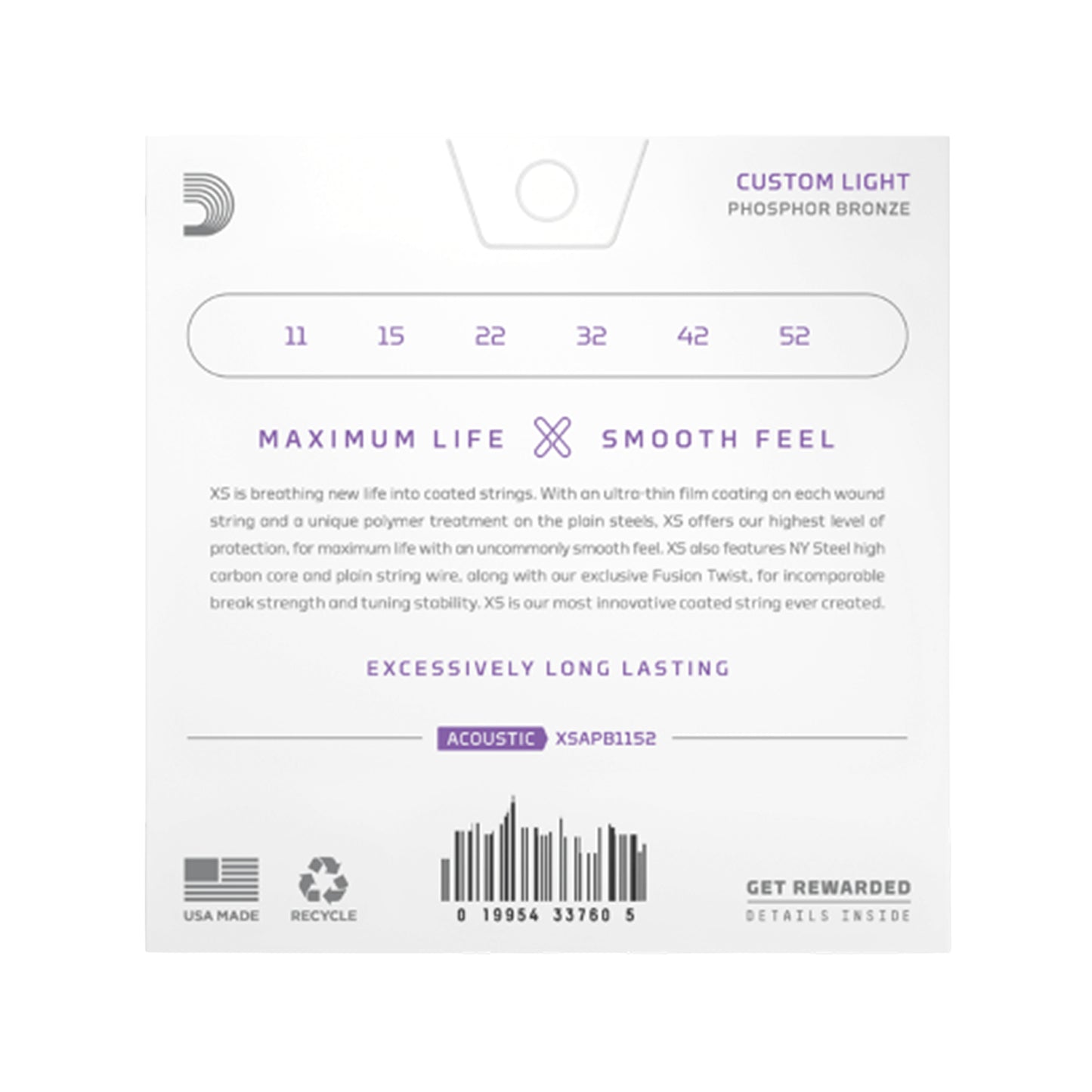 D'Addario XS Coated Acoustic Phosphor Bronze Custom Light 11-52 Acoustic Guitars / 12-String