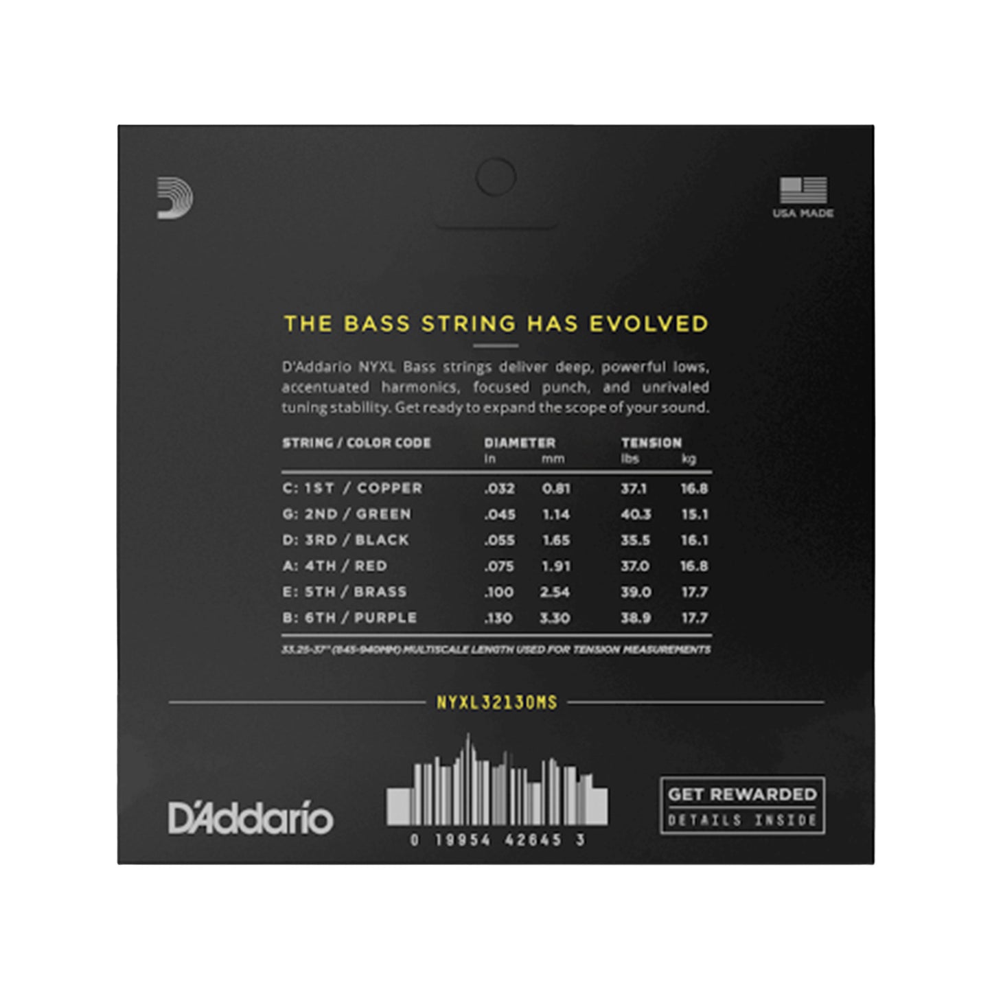 D'Addario NYXL Bass String Set Regular Light 6-String Multiscale 32-130 Strings