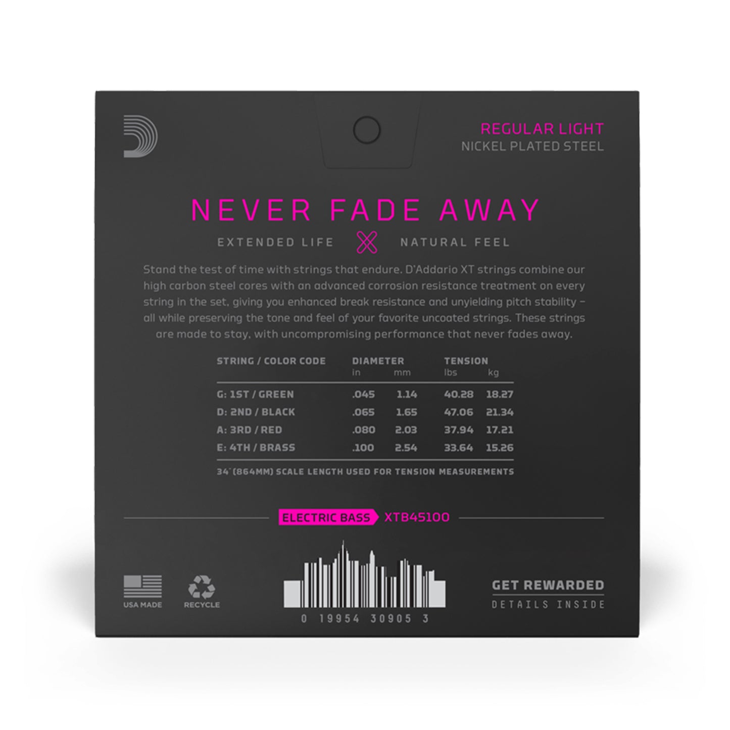 D'Addario XT Nickel Plated Steel Bass Guitar Strings Regular Light Long Scale 45-100