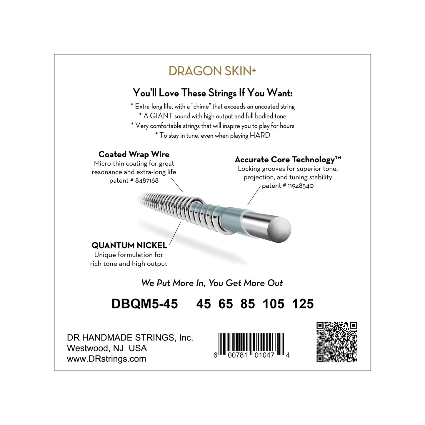 DR Strings DRAGON SKIN+ Quantum Nickel Bass Strings 5-String Medium 45-125 Tapered Multi-Scale