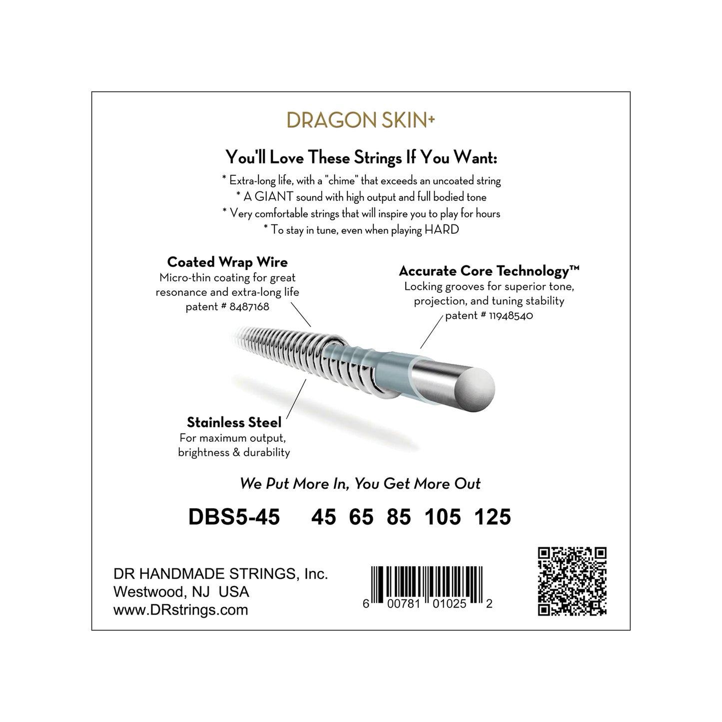 DR Strings DRAGON SKIN+ Stainless Steel Bass Strings 5-String Medium 45-125