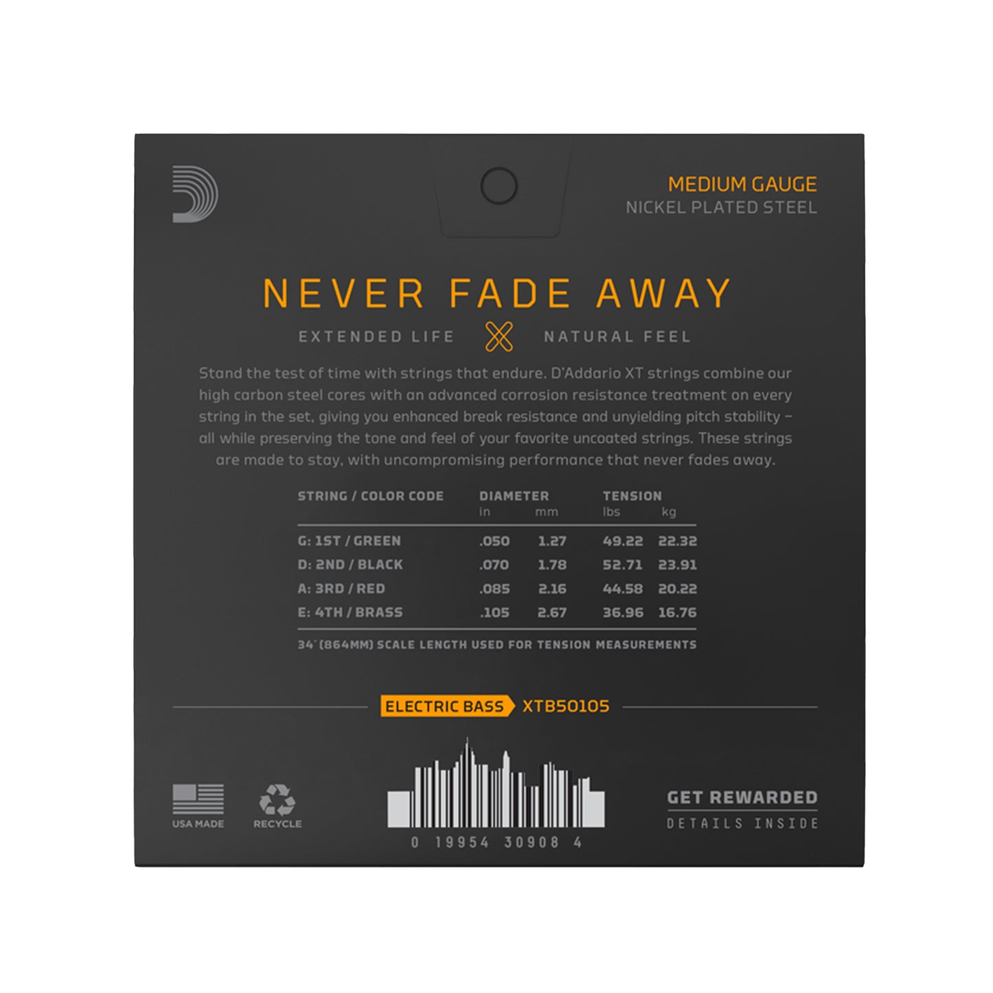 D'Addario XT Nickel Plated Steel Bass Guitar Strings Medium Long Scale 50-105