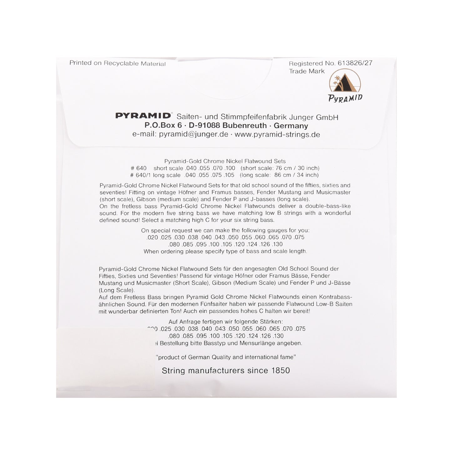 Pyramid Gold Flatwound Long Scale Bass Guitar Strings 40-105