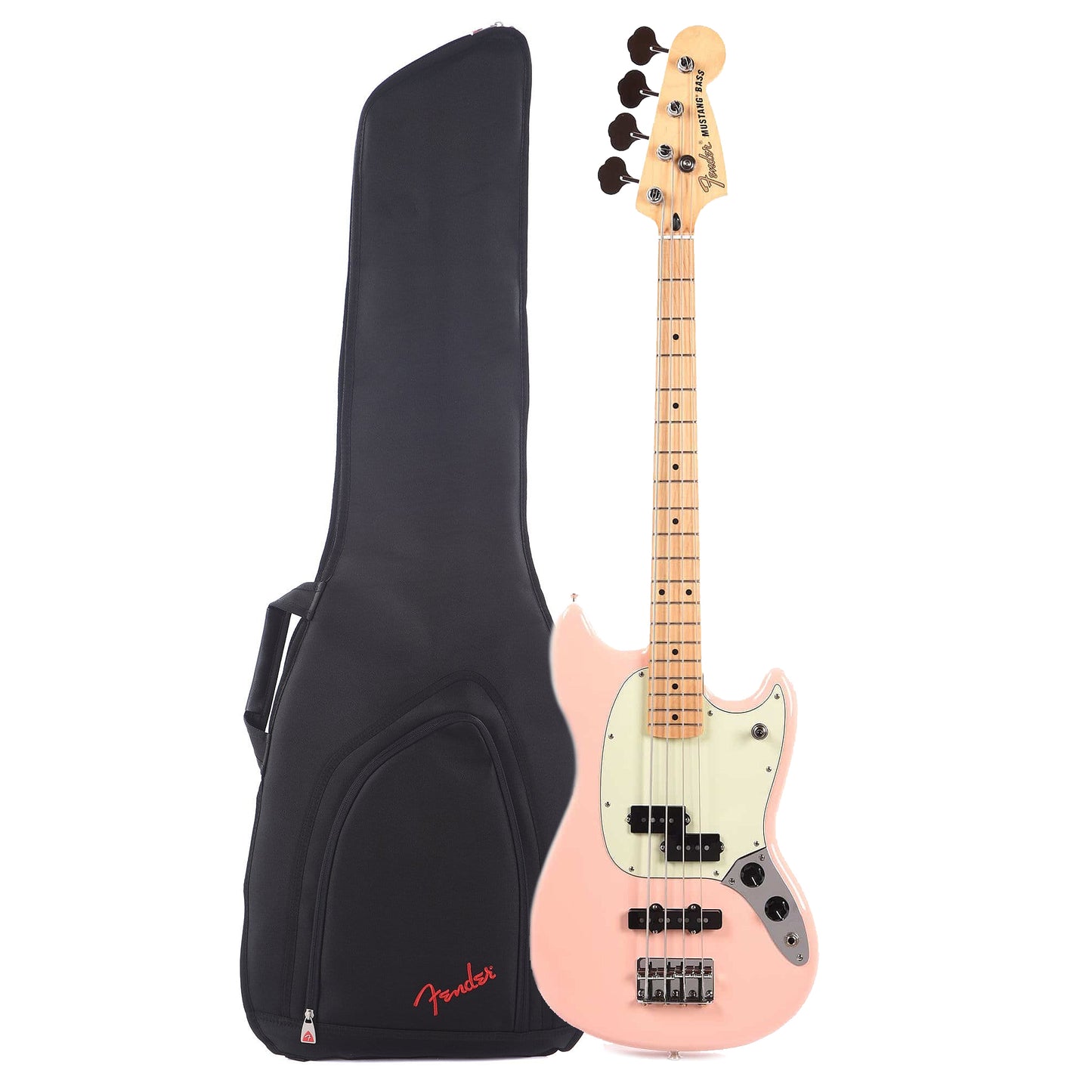 Fender Player Mustang Bass PJ MN Shell Pink w/3-Ply Mint Pickguard and FBSS-610 Short Scale Bass Gig Bag Bundle Bass Guitars / Short Scale