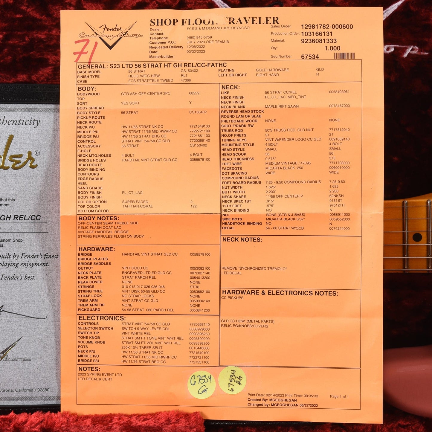 Fender Custom Shop Limited Edition '56 Hardtail Stratocaster Relic Super Faded Tahitian Coral Electric Guitars / Solid Body