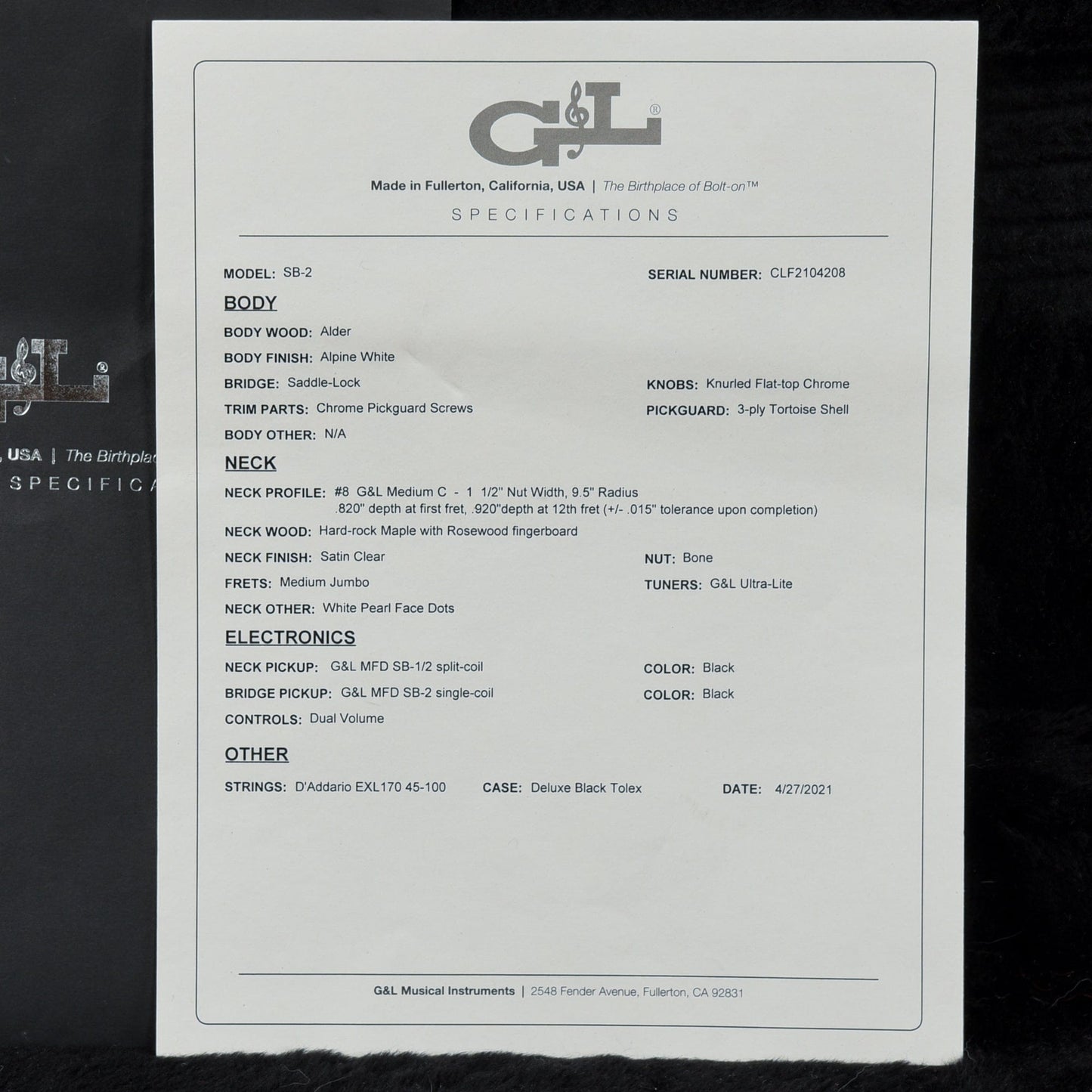 G&L SB-2 Fullerton Deluxe White 2021 Bass Guitars / 4-String