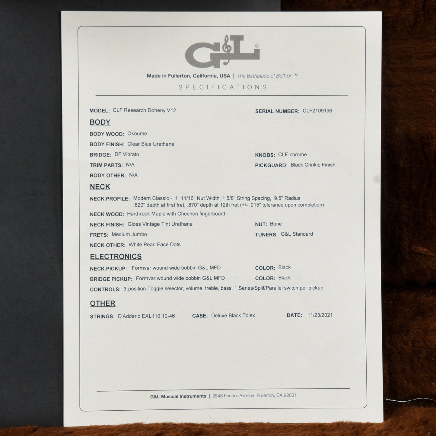 G&L USA CLF Research Doheny V12 with Caribbean Rosewood Fretboard Clear Blue Urethane 2021 Electric Guitars / Solid Body