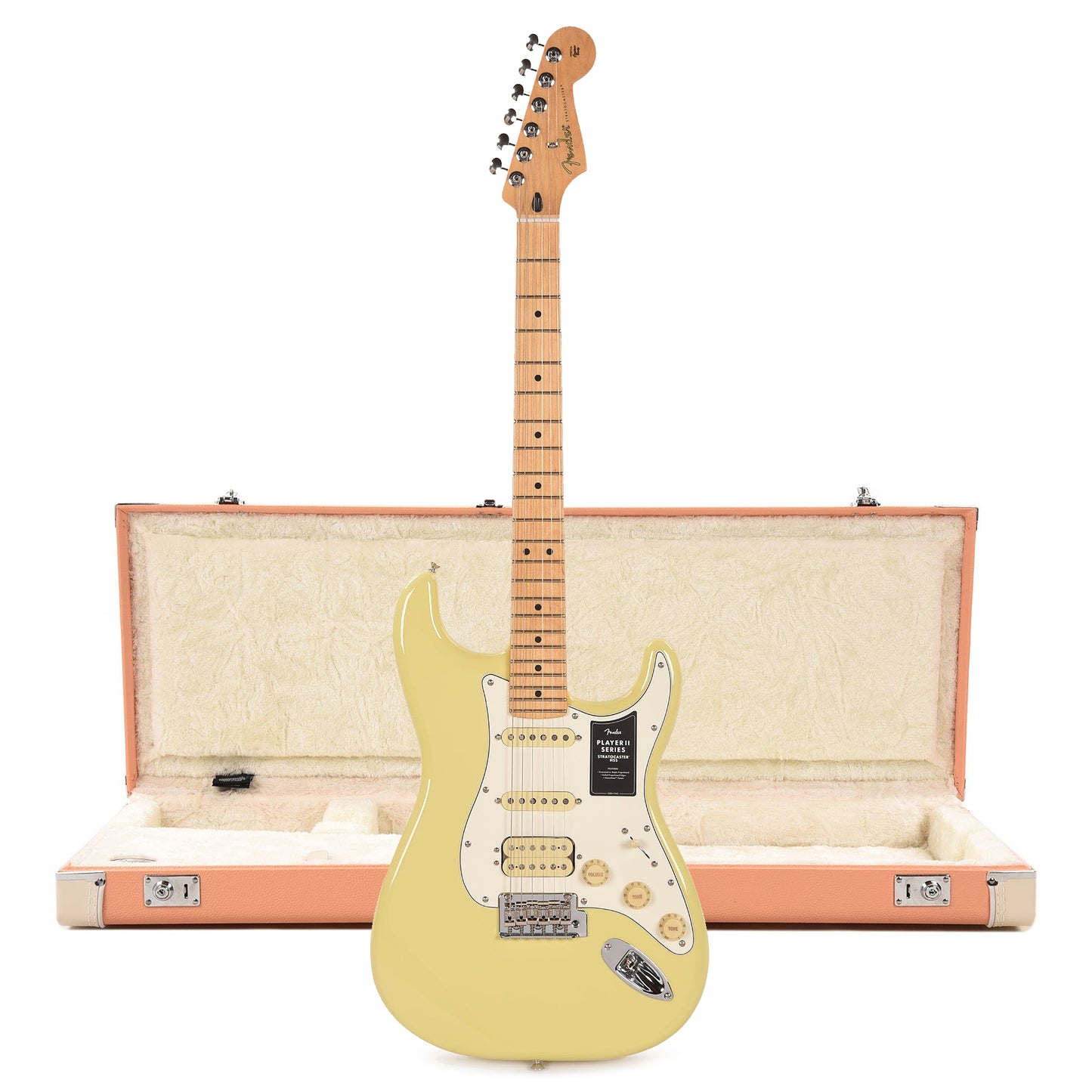 Fender Player II Stratocaster HSS MN Hialeah Yellow and Pacific Peach Hardshell Case Bundle