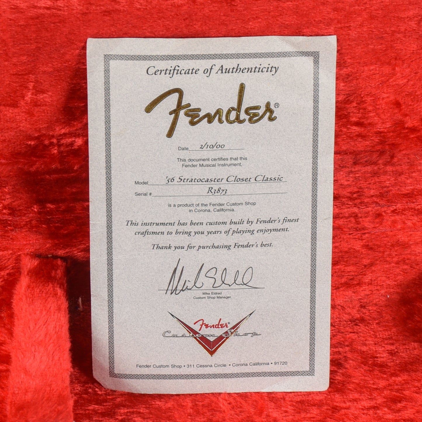 Fender Custom Shop 56 Stratocaster Closet Classic w/Replacement Neck Fiesta Red 2000