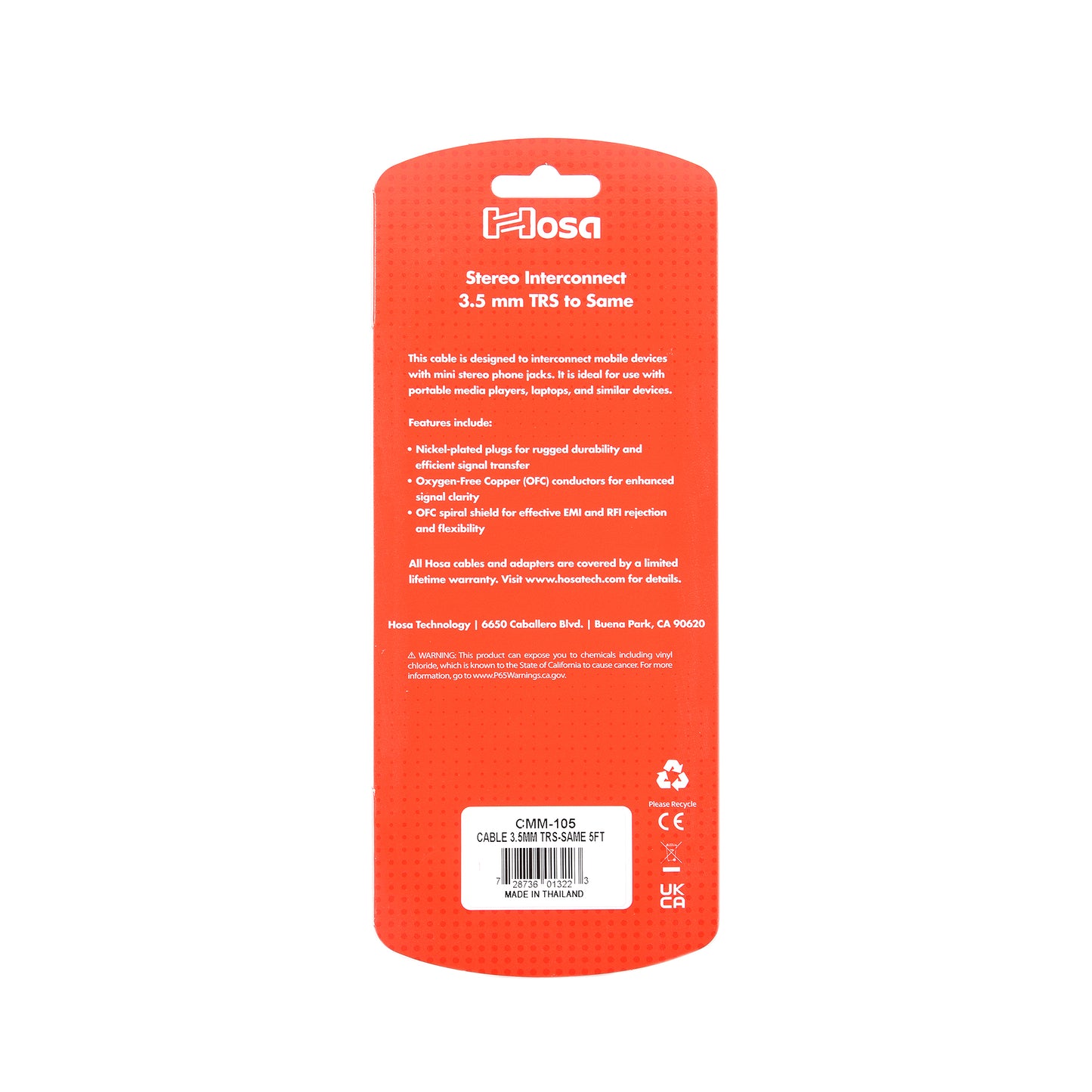 Hosa CMM-105 Stereo Interconnect 3.5 mm TRS Cable 5'
