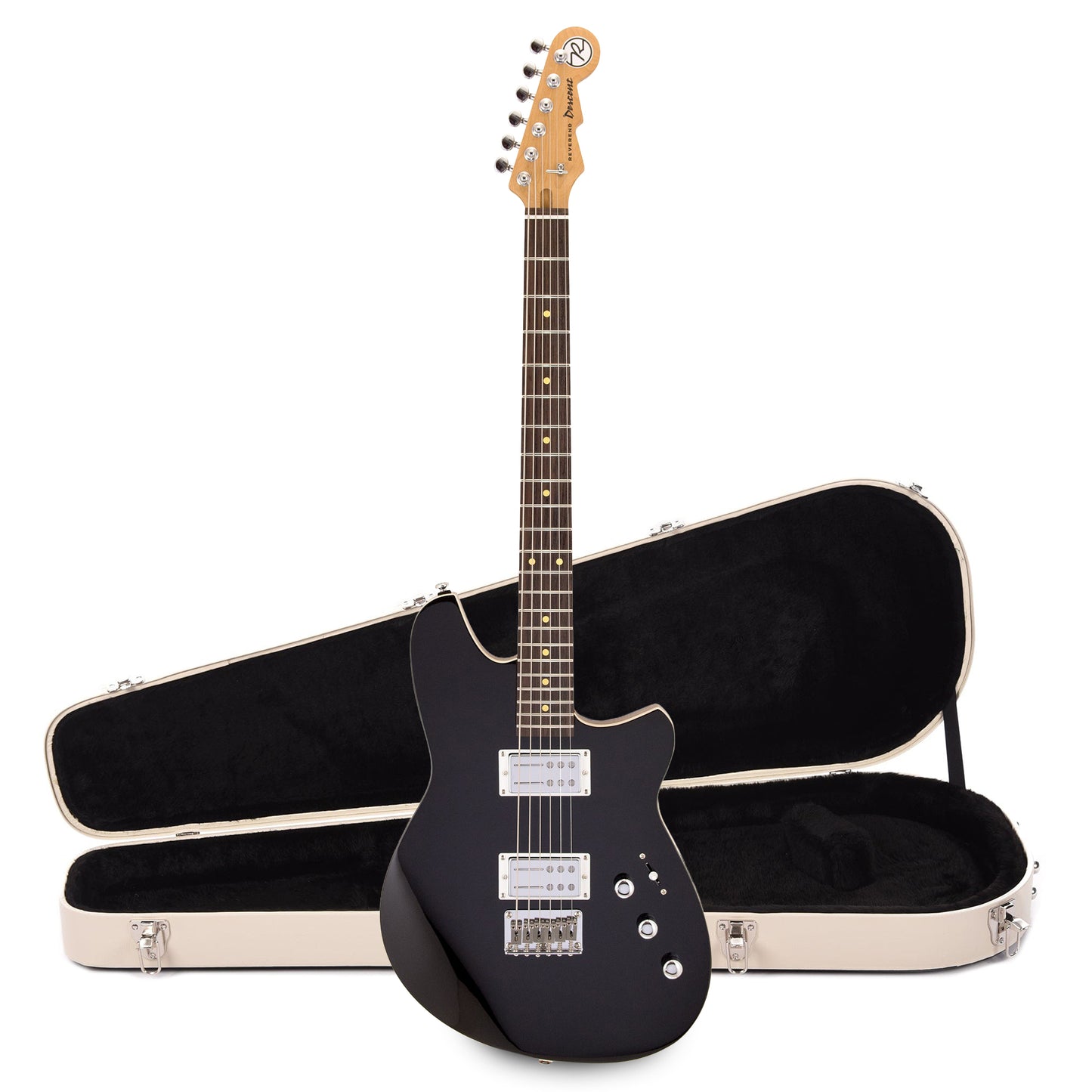 Reverend Descent Baritone Electric Guitar Midnight Black and Teardrop Two Tone Case Bundle Electric Guitars