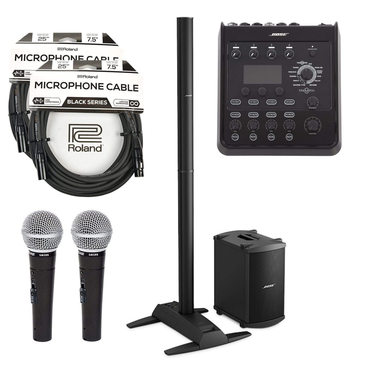 Bose L1 Model 1S B2 Bass Package PA System w/T4S ToneMatch Mixer, 2 SM58S Mics and XLR Cable Bundle Pro Audio / Portable PA Systems