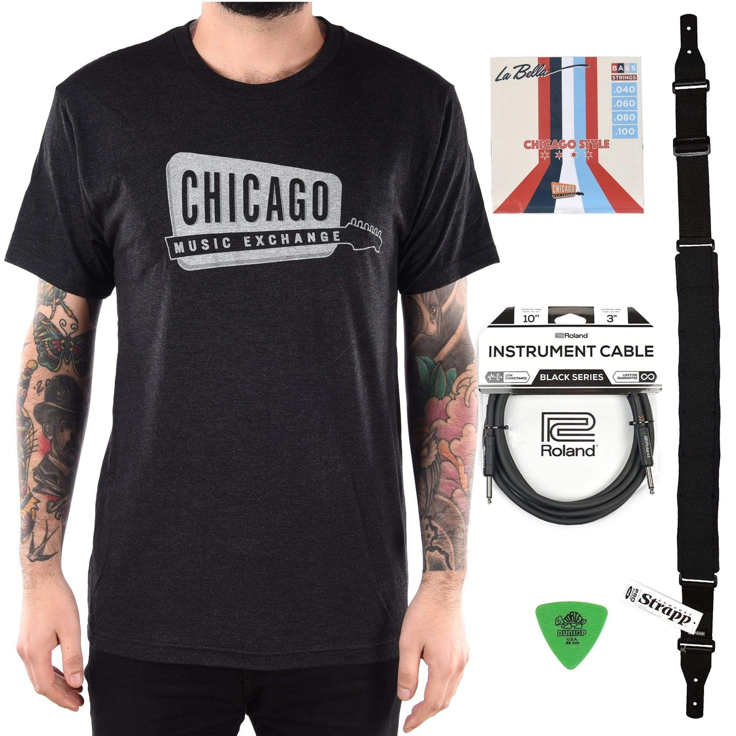 CME Bass Accessories Bundle w/La Bella "Chicago Style" Strings 45-105 and CME T-Shirt Vintage Black Classic Logo Medium Accessories / Merchandise