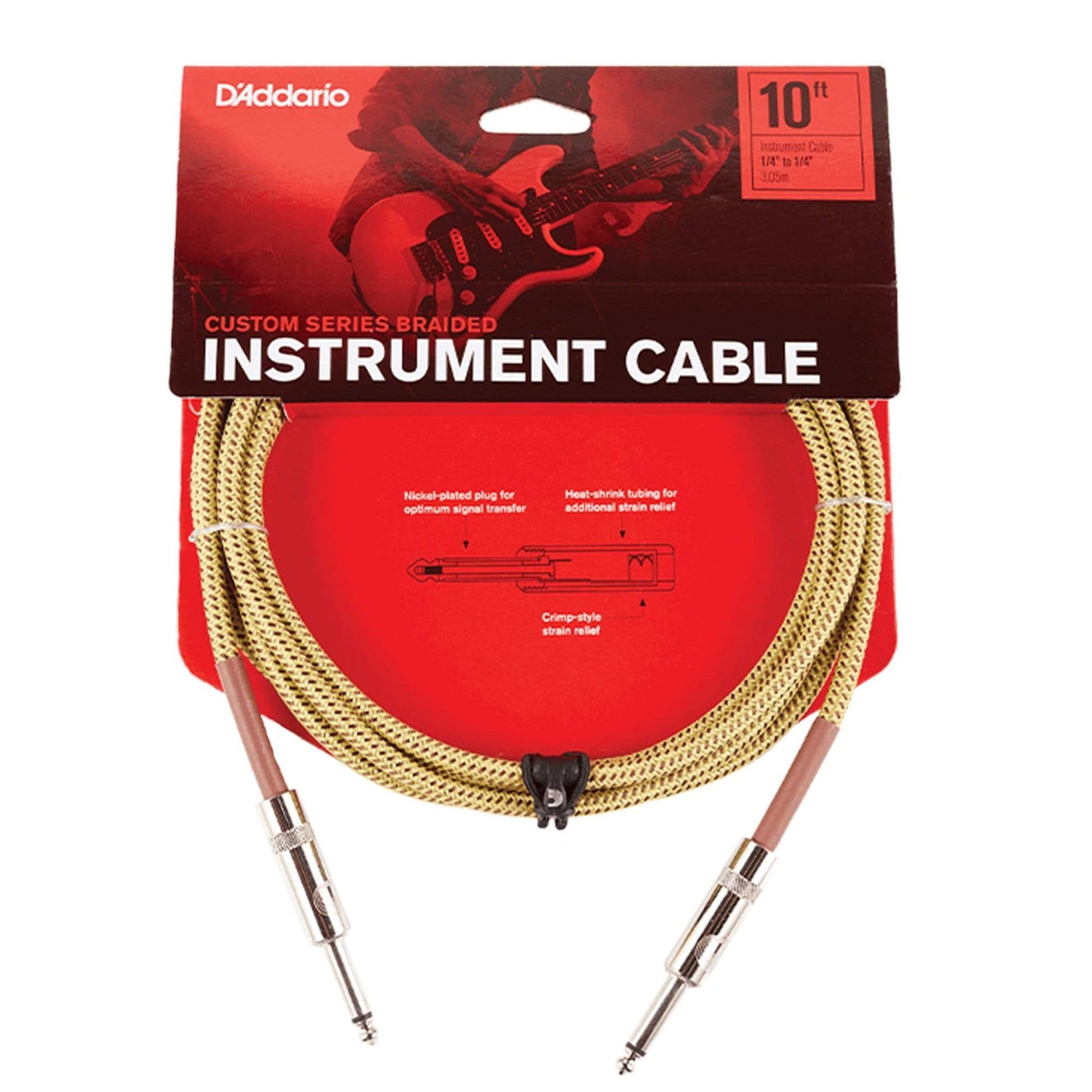 D'Addario Braided Tweed Instrument Cable 10' Straight-Straight Accessories / Cables