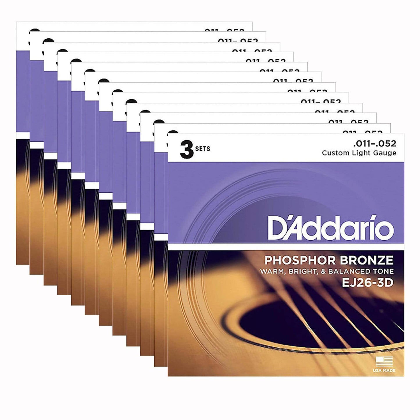 D'Addario EJ26-3D 3-Pack Phosphor Bronze Custom Light 10-52 12 Pack Bundle Accessories / Strings / Guitar Strings