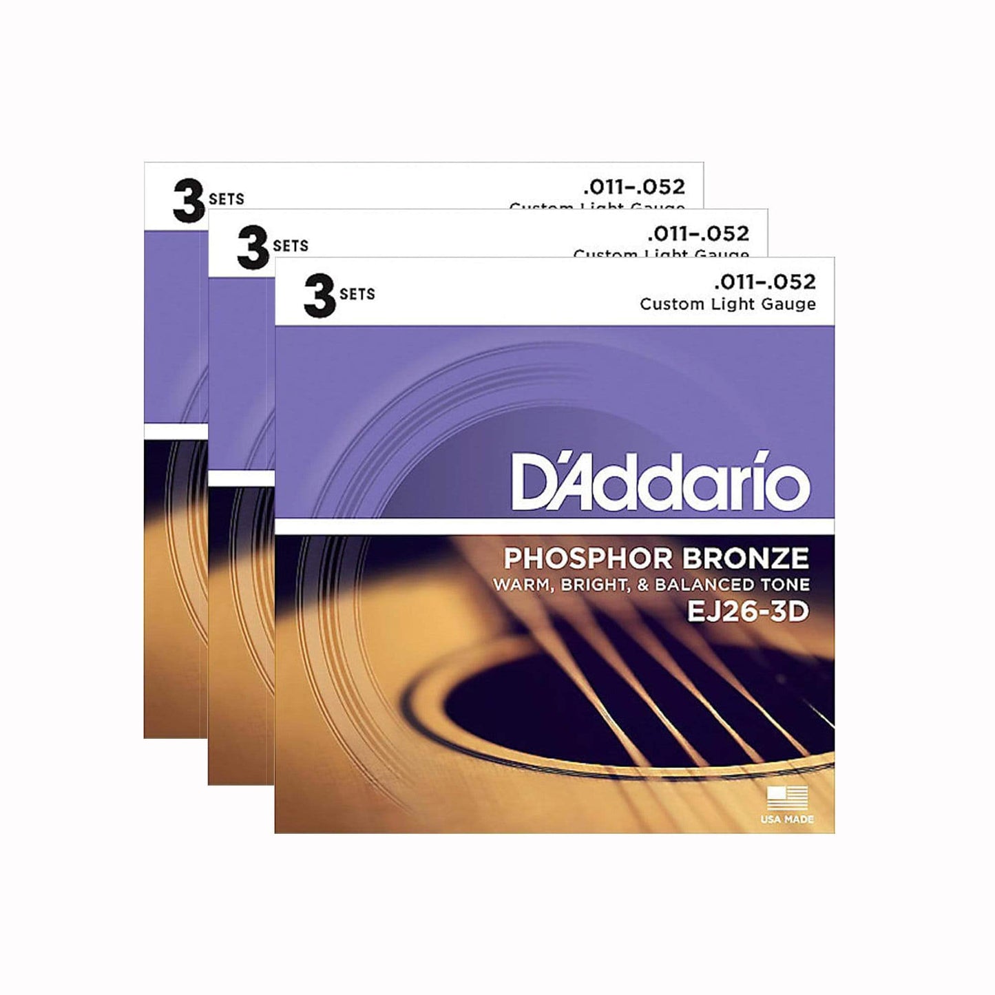 D'Addario EJ26-3D 3-Pack Phosphor Bronze Custom Light 10-52 3 Pack Bundle Accessories / Strings / Guitar Strings