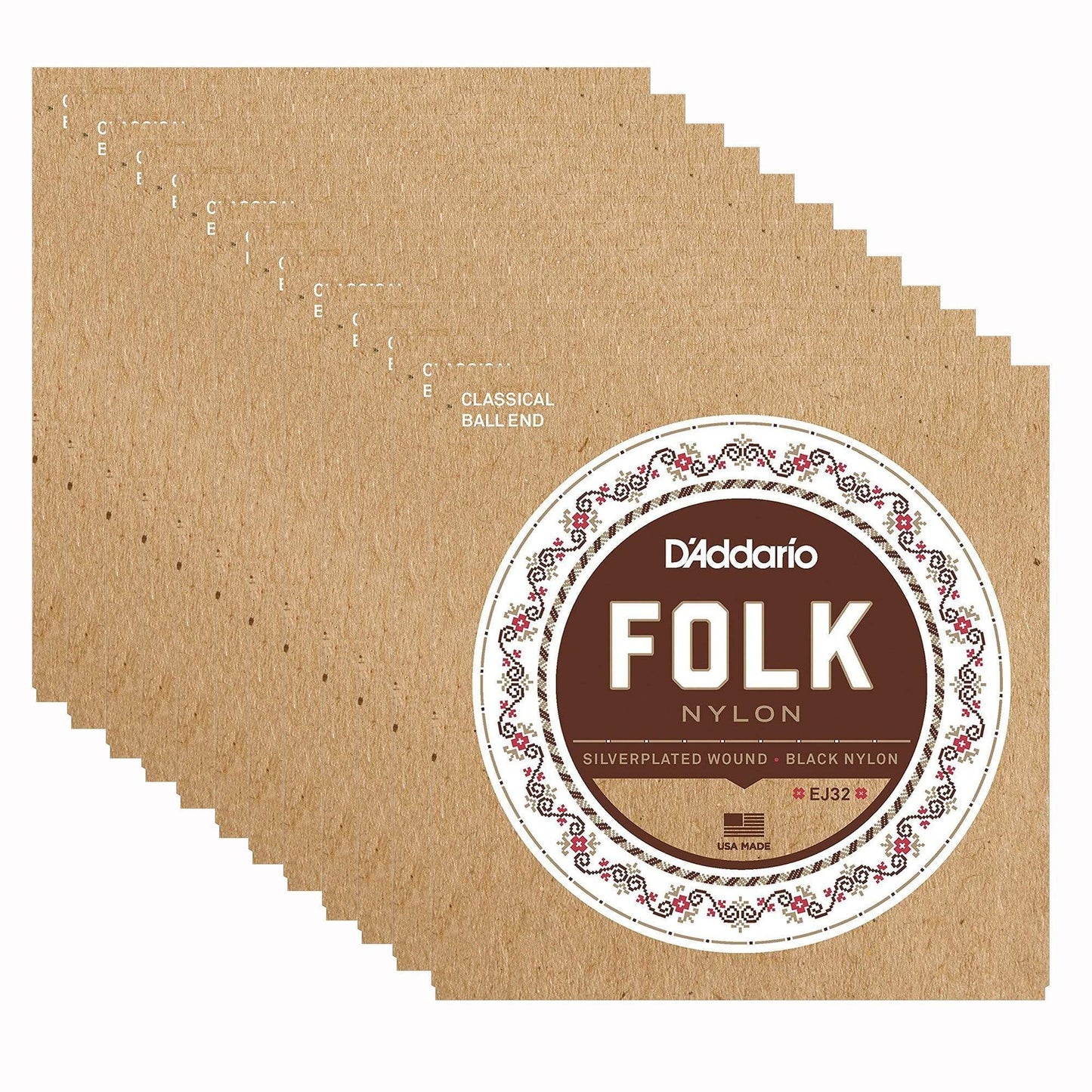 D'Addario EJ32 Folk Nylon Ball End Silver Wound Black Nylon Trebles 12 Pack Bundle Accessories / Strings / Guitar Strings