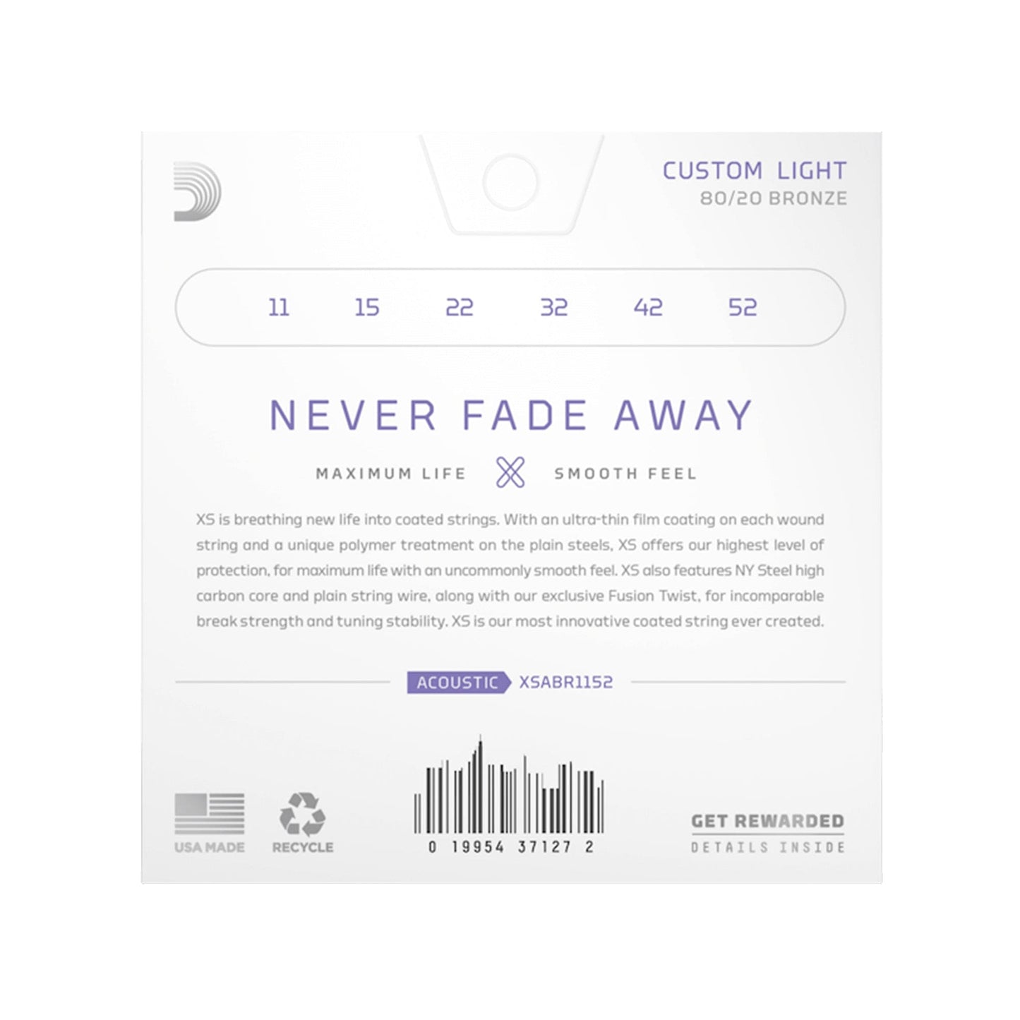 D'Addario XS Coated Acoustic 80/20 Bronze Custom Light 11-52 Accessories / Strings / Guitar Strings