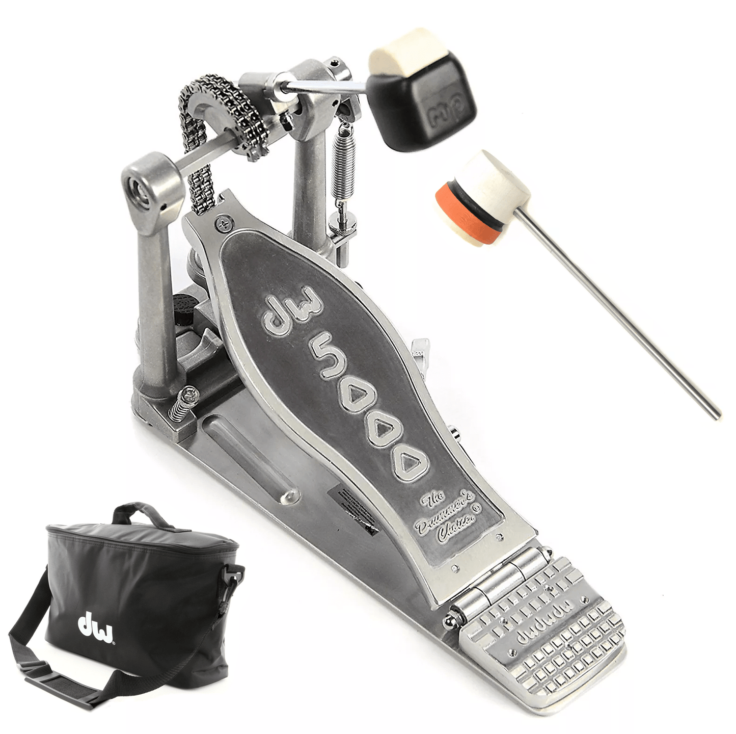 DW 5000 Modern Retro Turbo Single Bass Drum Pedal Bundle w/Bag & Low Boy Lightweight Felt Daddy White/Orange/Black Stripe CDE Logo Beater Drums and Percussion / Parts and Accessories / Pedals