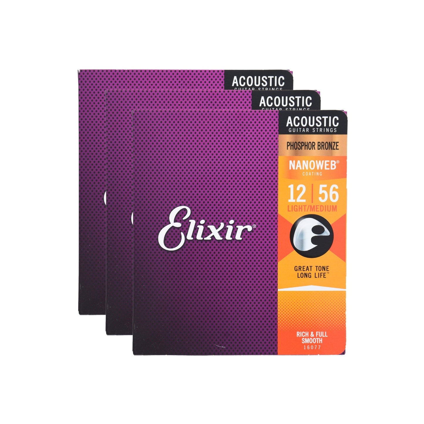 Elixir 16077 Acoustic Phospher Bronze Nanoweb Light-Medium 12-56 3 Pack Bundle Accessories / Strings / Guitar Strings