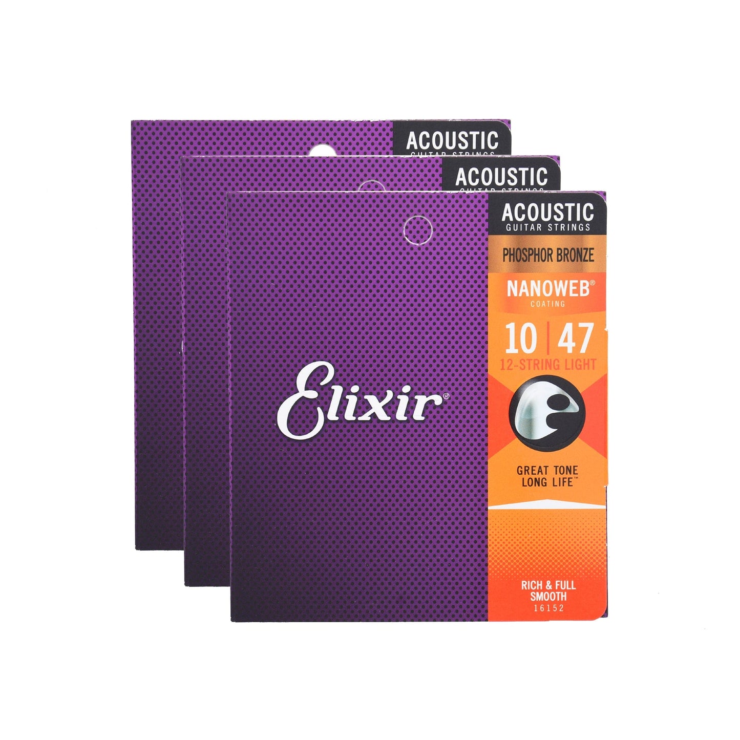 Elixir 16152 Acoustic Phospher Bronze Nanoweb12-String Light 10-47 3 Pack Bundle Accessories / Strings / Guitar Strings