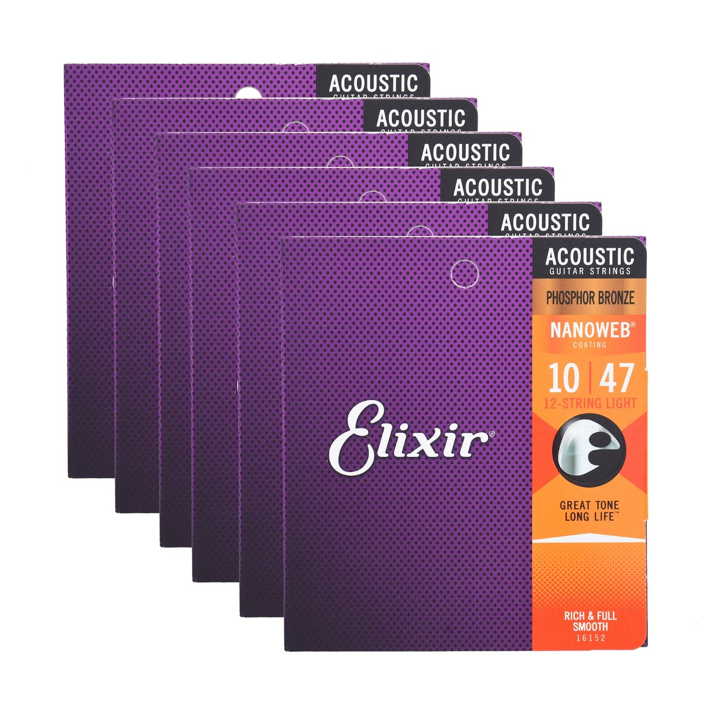Elixir 16152 Acoustic Phospher Bronze Nanoweb12-String Light 10-47 6 Pack Bundle Accessories / Strings / Guitar Strings
