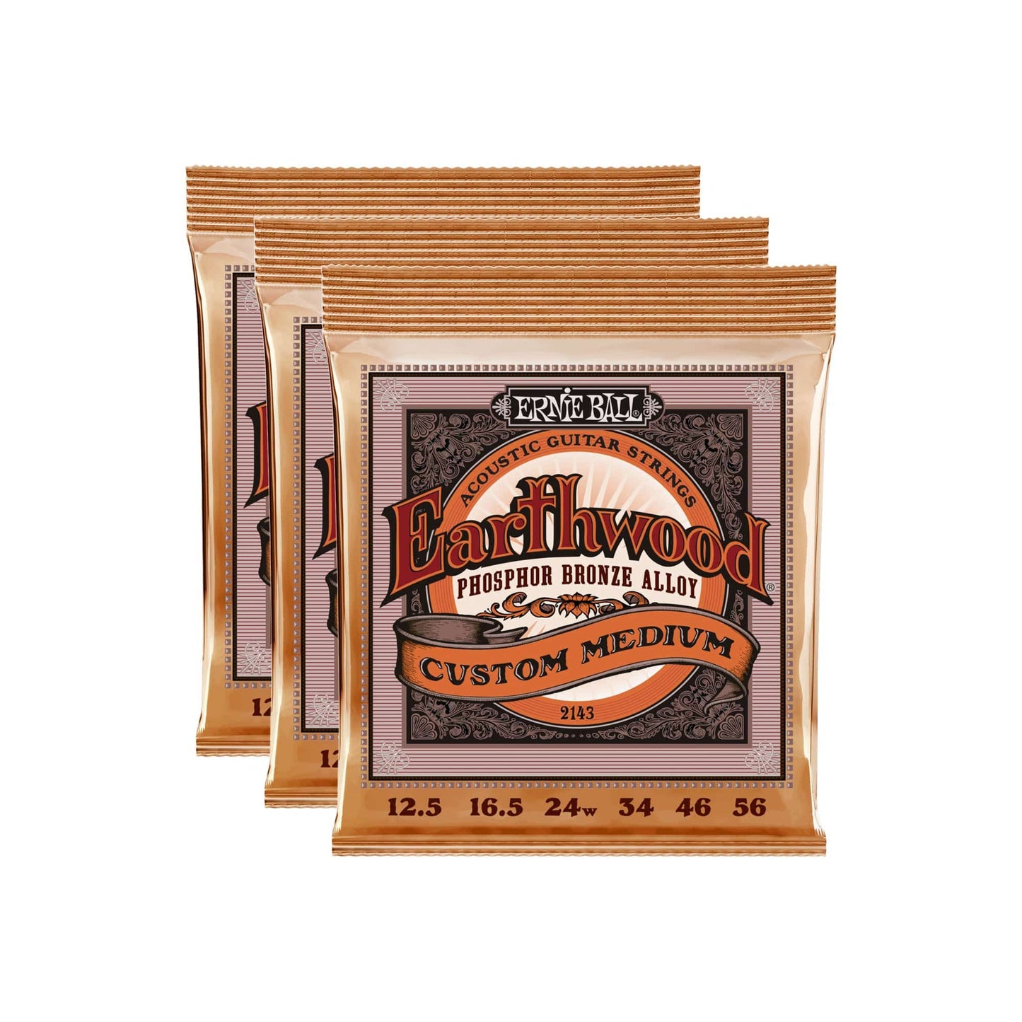 Ernie Ball Earthwood Custom Medium Acoustic Strings Phosphor Bronze 12.5-56 3 Pack Bundle Accessories / Strings / Guitar Strings