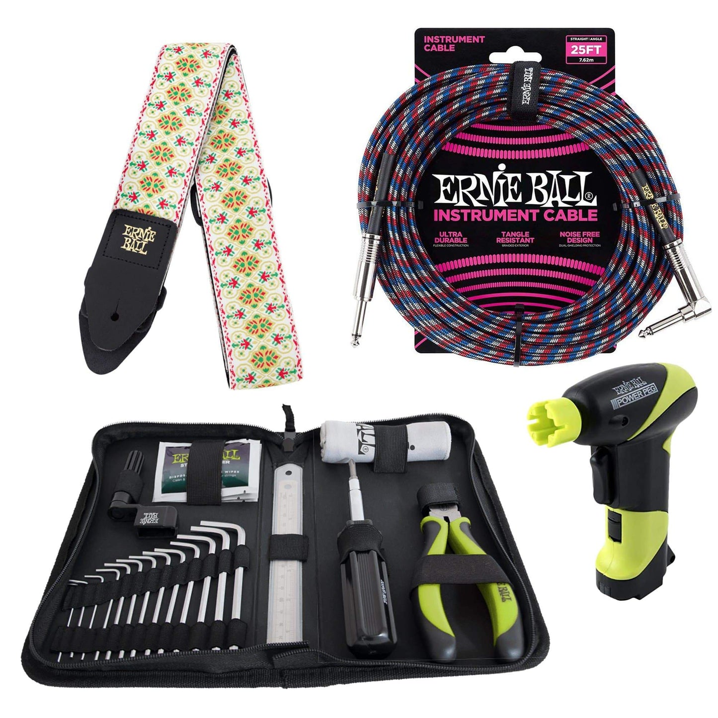 Ernie Ball 4114 Musician's Tool Kit, Power Peg, Jacquard Strap and Braided Cable Bundle #12 Accessories / Tools