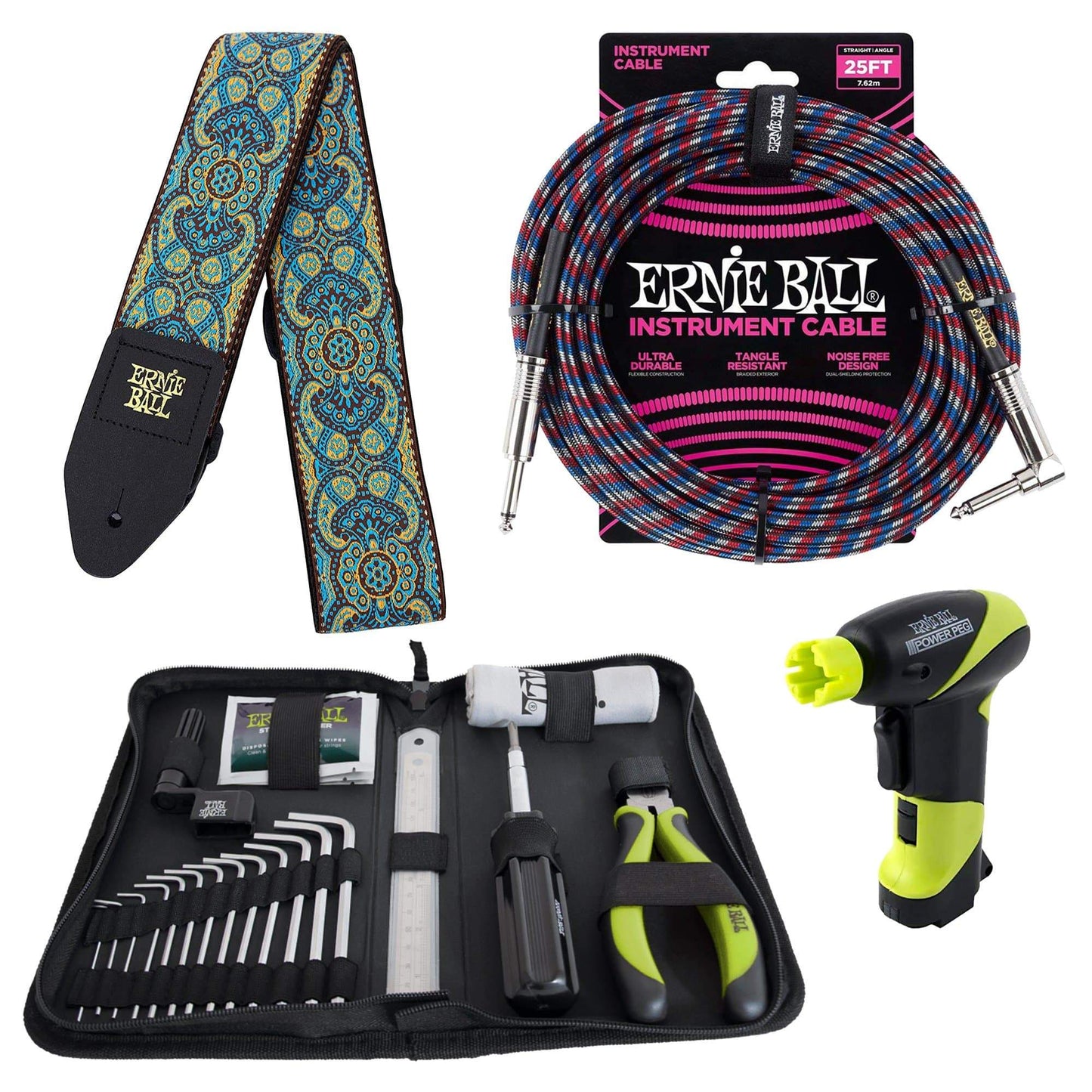 Ernie Ball 4114 Musician's Tool Kit, Power Peg, Jacquard Strap and Braided Cable Bundle #16 Accessories / Tools