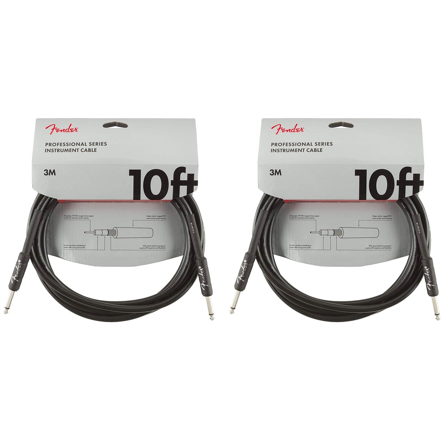 Fender Professional 10' Instrument Cable Black S/S 2 Pack Bundle Accessories / Cables