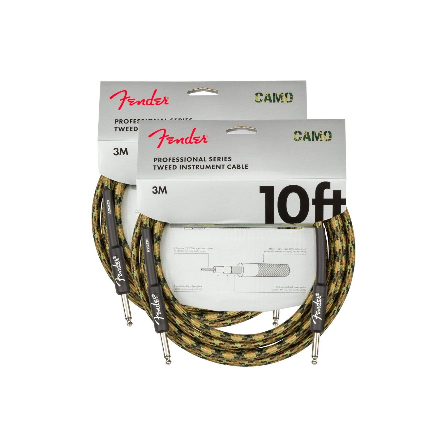 Fender Professional 10' Instrument Cable Woodland Camo 2 Pack Bundle Accessories / Cables