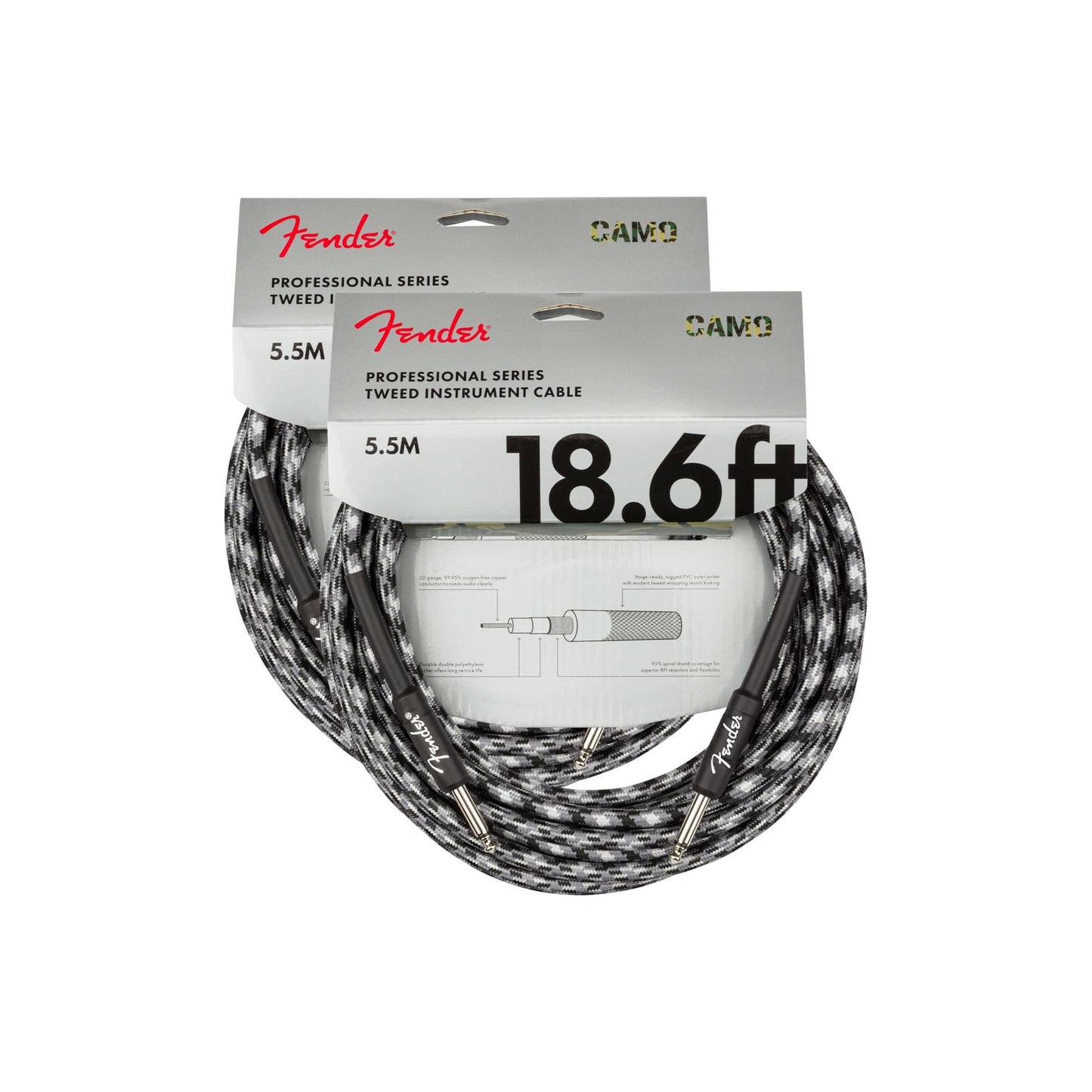 Fender Professional 18.6' Instrument Cable Winter Camo 2 Pack Bundle Accessories / Cables