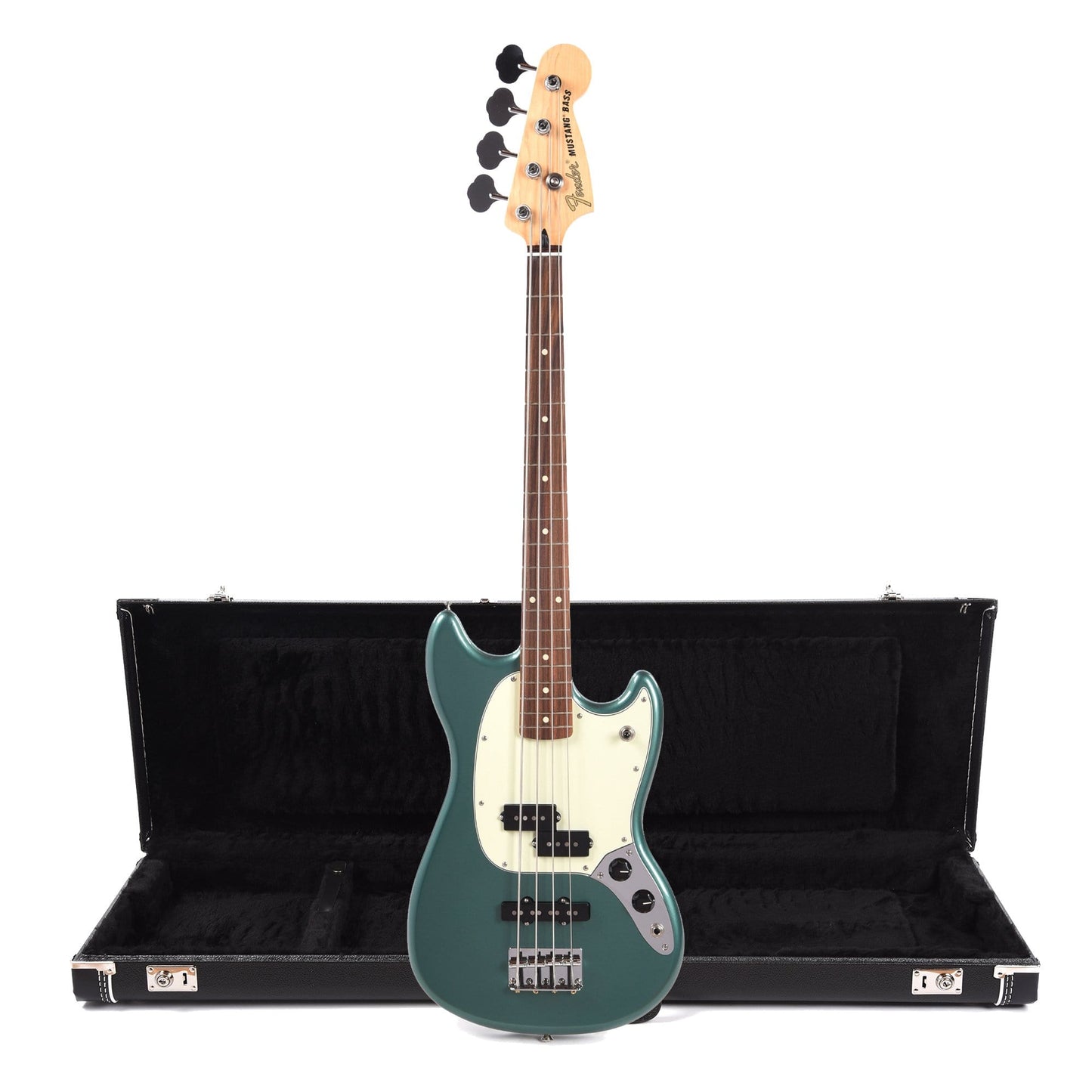 Fender Offset Series Mustang Bass PJ Sherwood Green w/3-Ply Mint Pickguard and Fender Mustang Bass Case Bundle Bass Guitars / Short Scale