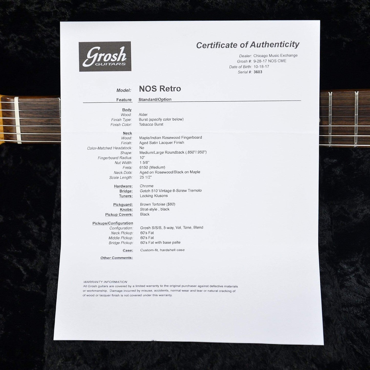 Grosh NOS Retro Tobacco Burst RW w/60's Fat Pickups & Hardshell Case Electric Guitars / Solid Body