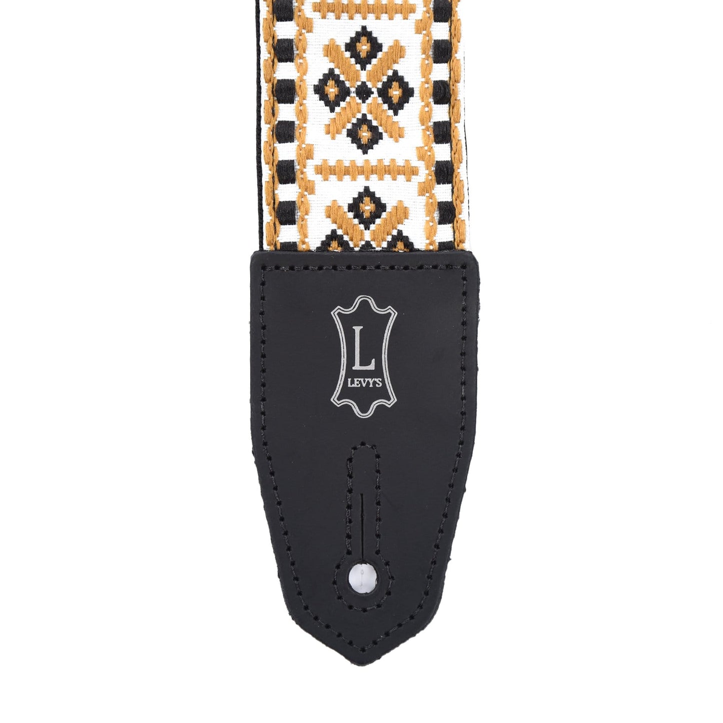 Levy's Right Height 2" Wide Jacquard Weave Guitar Strap White, Black, & Gold Hootenanny Motif Accessories / Straps