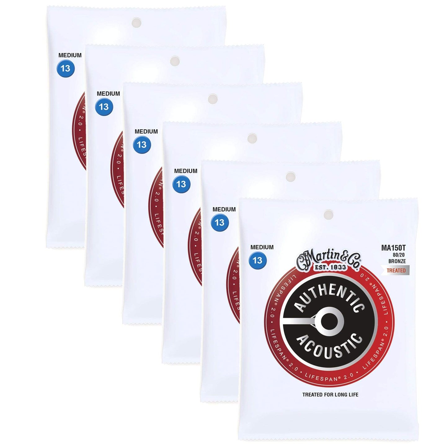 Martin MA150T Authentic Acoustic Lifespan 2.0 80/20 Bronze Medium 13-56 (6-Pack Bundle) Accessories / Strings / Guitar Strings