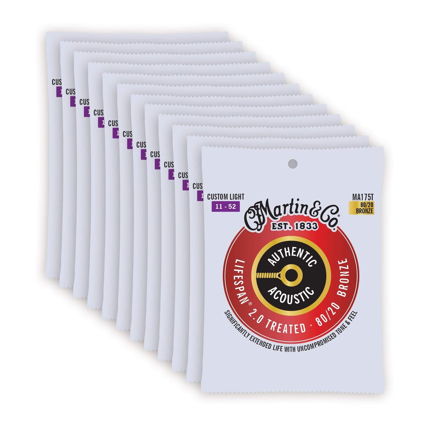 Martin MA175T Authentic Acoustic Lifespan 2.0 80/20 Bronze Custom Light 11-52 12 Pack Bundle Accessories / Strings / Guitar Strings