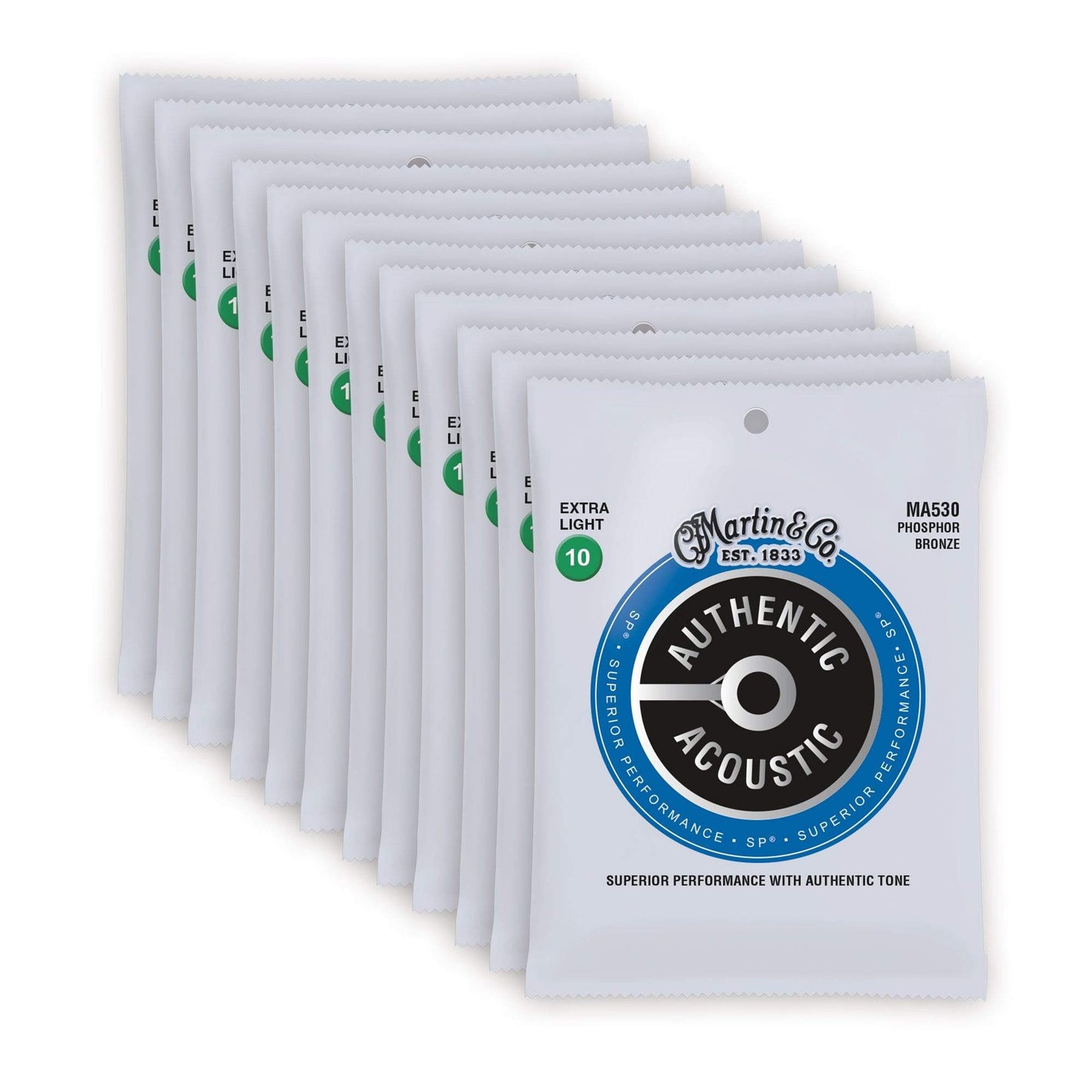 Martin MA530 Authentic Acoustic SP 92/8 Phosphor Bronze Extra Light 10-47 12 Pack Bundle Accessories / Strings / Guitar Strings