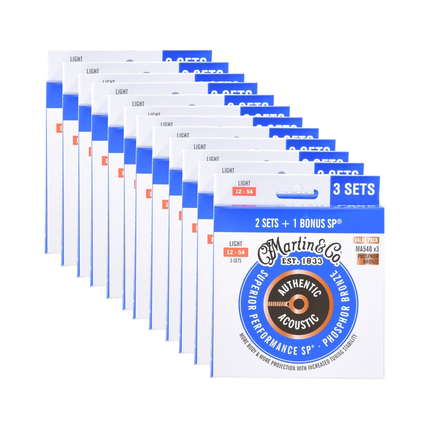 Martin MA540 Authentic Acoustic SP 92/8 Phosphor Bronze Light 12-54 3 Set Value Pack 12 Pack Bundle Accessories / Strings / Guitar Strings