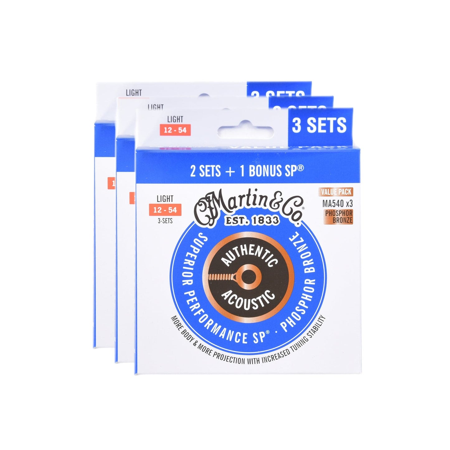 Martin MA540 Authentic Acoustic SP 92/8 Phosphor Bronze Light 12-54 3 Set Value Pack 3 Pack Bundle