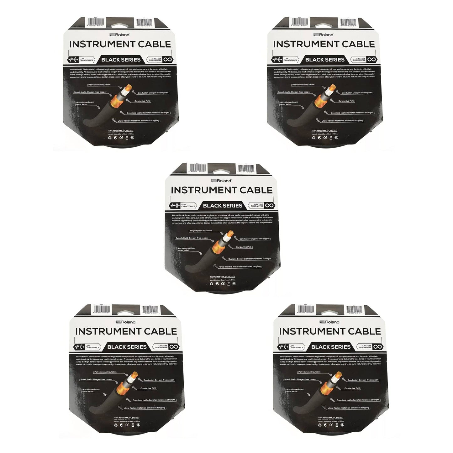 Roland Black Series 20ft A/S 1/4" Instrument Cable 5 Pack Bundle Accessories / Cables