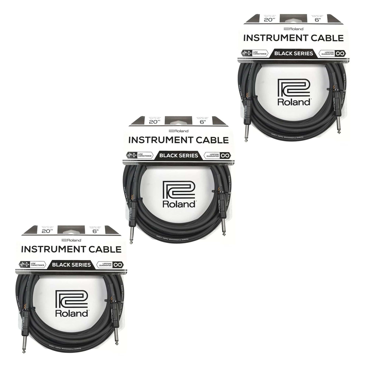 Roland Black Series 20ft S/S 1/4" Instrument Cable 3 Pack Bundle Accessories / Cables