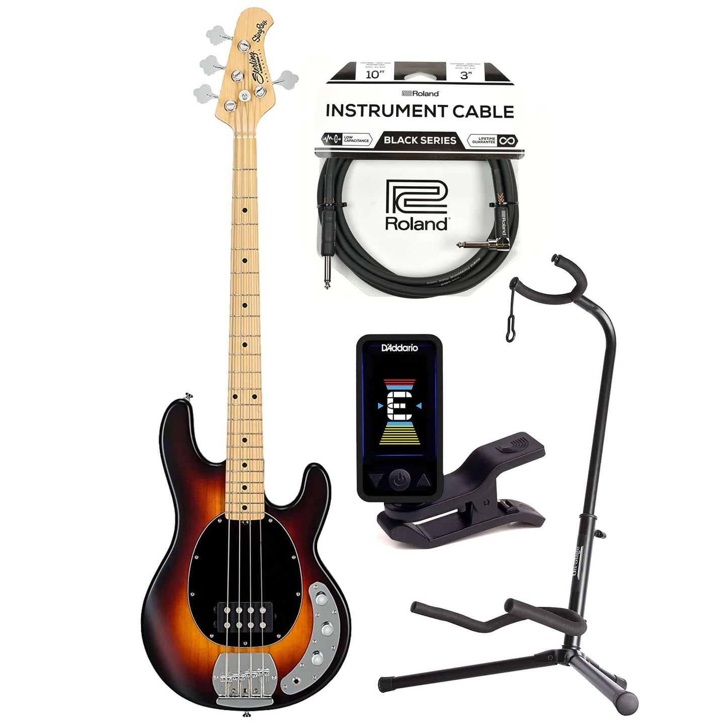 Sterling by Music Man S.U.B. Series StingRay Vintage Sunburst Satin w/Guitar Stand, Tuner and 10' Cable Bundle Bass Guitars / 4-String