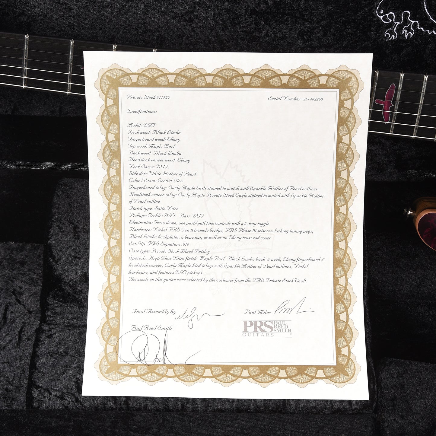 PRS Private Stock #11759 DGT Maple Burl/Black Limba Orchid Glow w/Black Limba Neck & Matching Orchid Glow Inlays