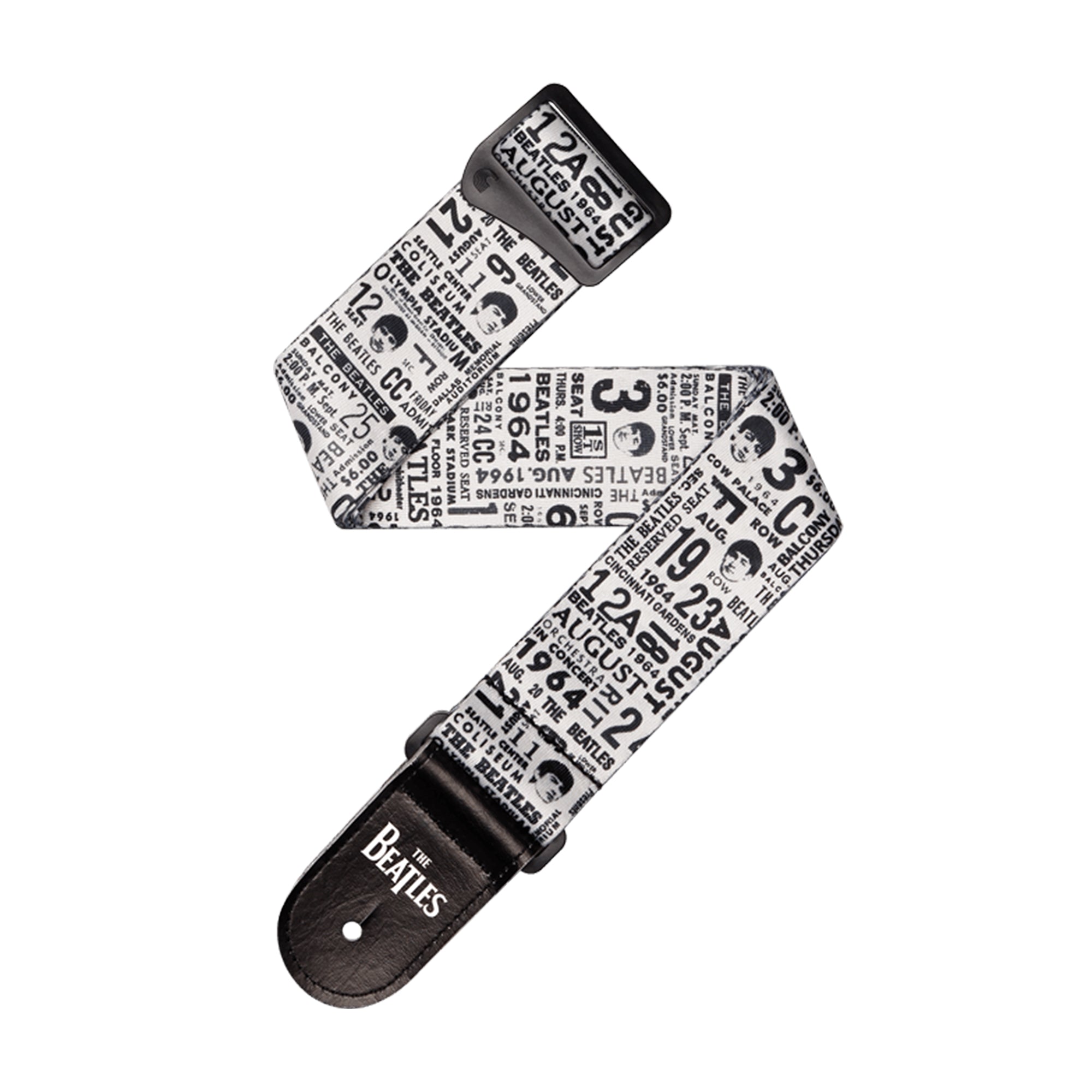 D'Addario The Beatles 1964 US Tour Printed Polyester Guitar Strap Ticket Stubs Black and White Accessories / Straps