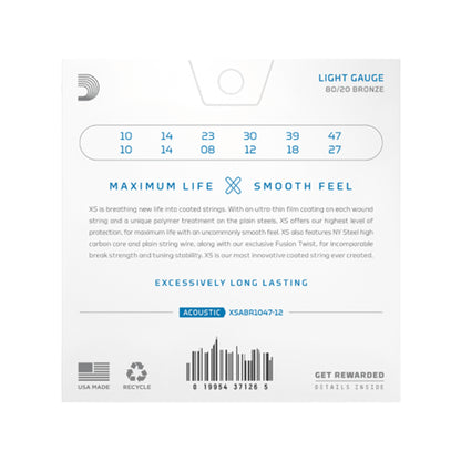 D'Addario XS Coated Acoustic 80/20 Bronze Light 12-String 10-47 Acoustic Guitars / 12-String