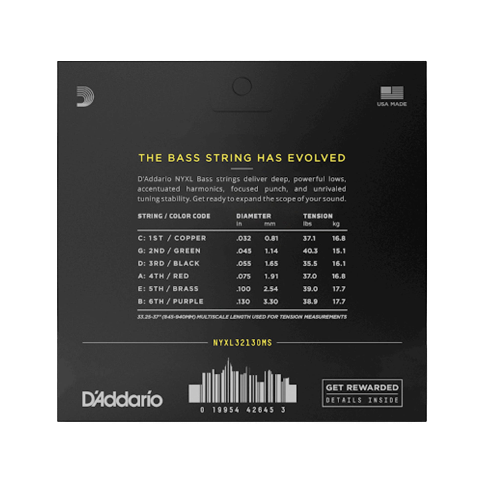 D'Addario NYXL Bass String Set Regular Light 6-String Multiscale 32-130 Strings