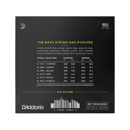 D'Addario NYXL Bass String Set Regular Light 6-String Multiscale 32-130 Strings